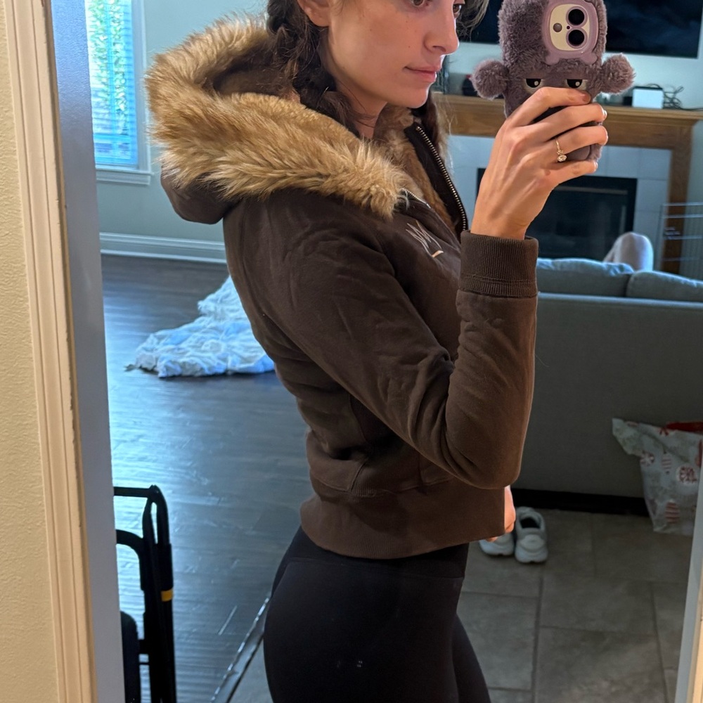 MV Sport Tan Jacket with Fur Trim and faux fur hood